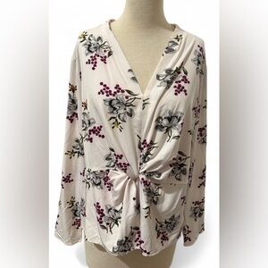 Ann Taylor Factory Floral Blouse Cream Purple XL | Feminine Office Work Top